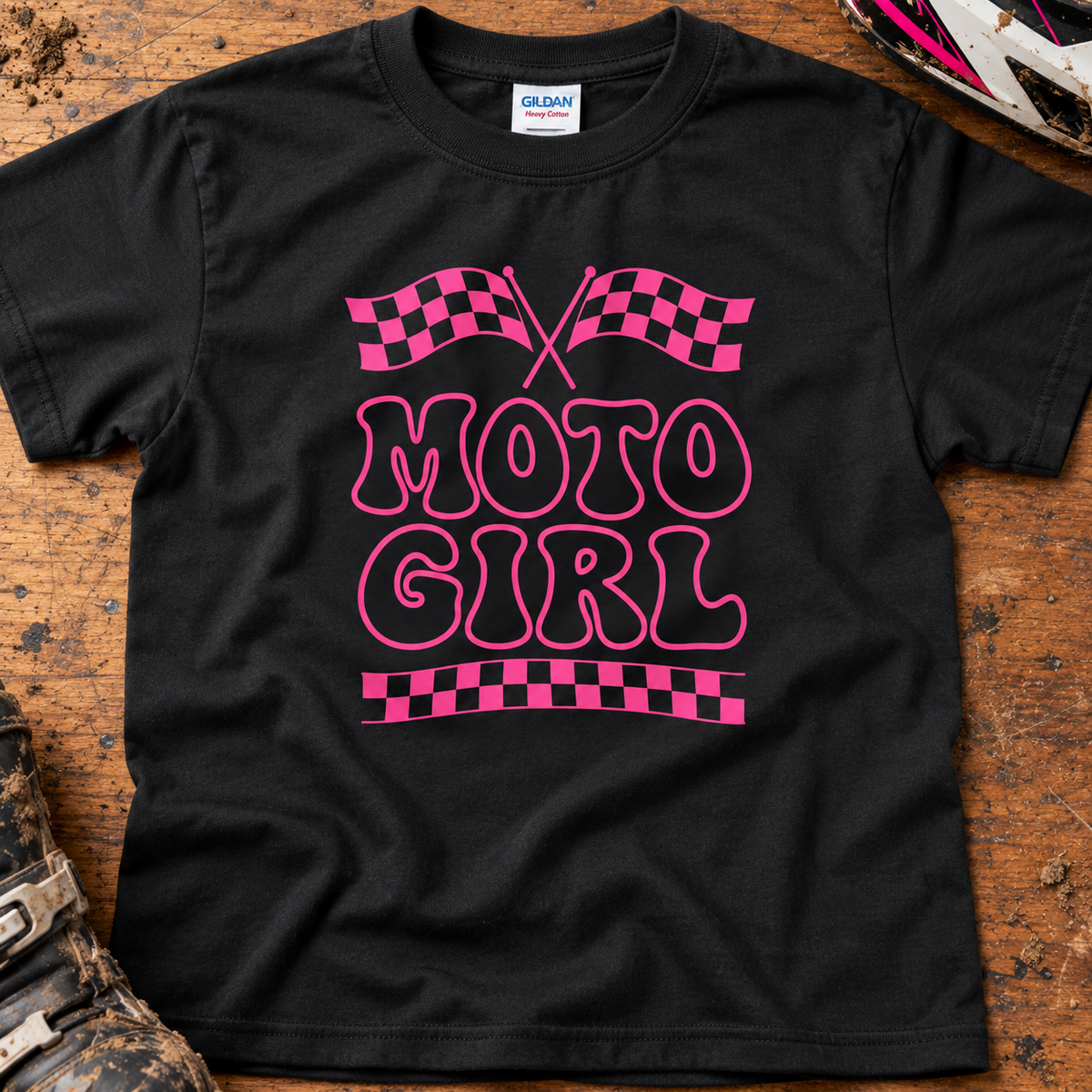 Moto Girl Checkered Flag - Kids T-shirt